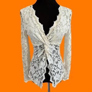 90's 00's vintage ivory lace long sleeve peekaboo y2k bodycon top SMALL